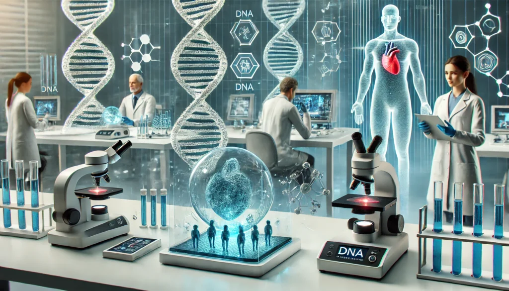 Advanced biotechnology lab with scientists working on genetic sequencing, DNA holograms, and 3D-printed organs for personalized medicine.