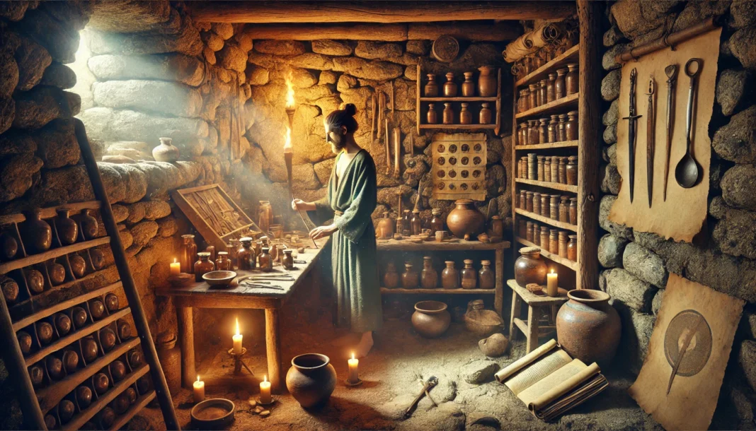 Ancient healer in a primitive medical setting, using herbal remedies and early surgical tools, surrounded by stone walls, wooden shelves, and torchlight, symbolizing the origins of healthcare.