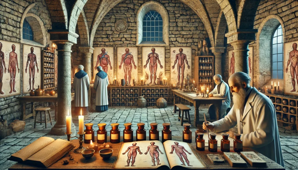 Medieval apothecary scene with physicians examining anatomical drawings and preparing herbal medicines in a candlelit stone-walled workspace, reflecting early healthcare evolution.