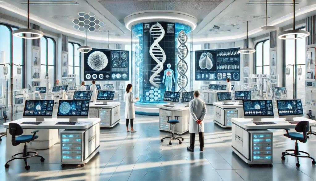 Modern hospital research lab with scientists analyzing DNA sequences and 3D organ models on advanced diagnostic machines and digital screens, representing cutting-edge medical discoveries