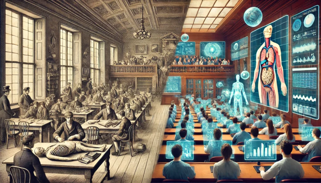 Split scene blending a historical medical classroom with rudimentary dissection tools and a modern lecture hall with holographic simulations and digital displays, connecting past and present medical education