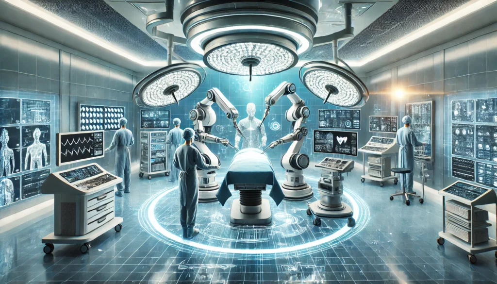 Futuristic hospital with a robotic surgical system performing an operation, monitored by doctors using holographic medical displays in a sleek, modern setting.