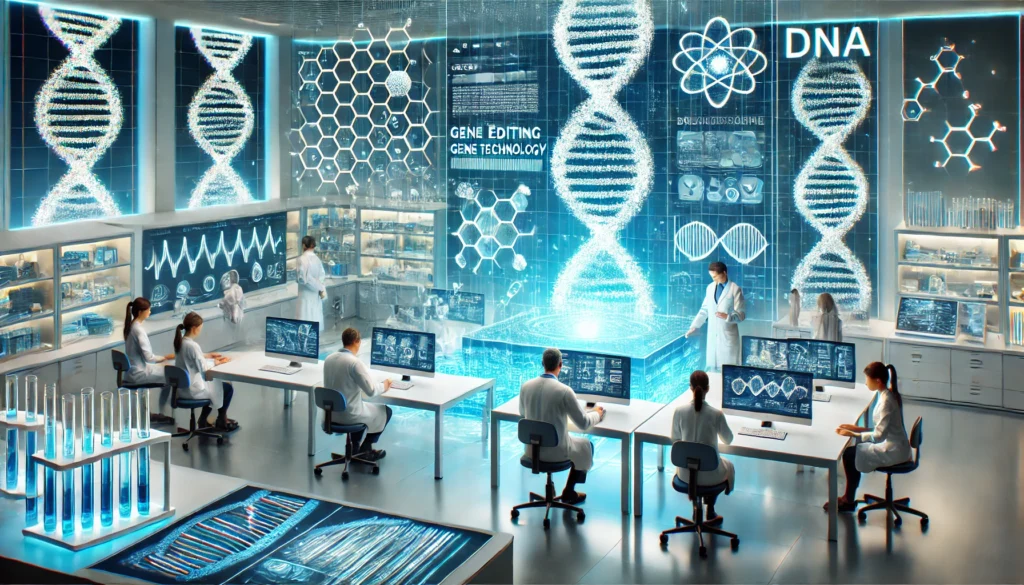 High-tech medical research laboratory with scientists working on gene editing and biotechnology, surrounded by DNA models and holographic genetic data