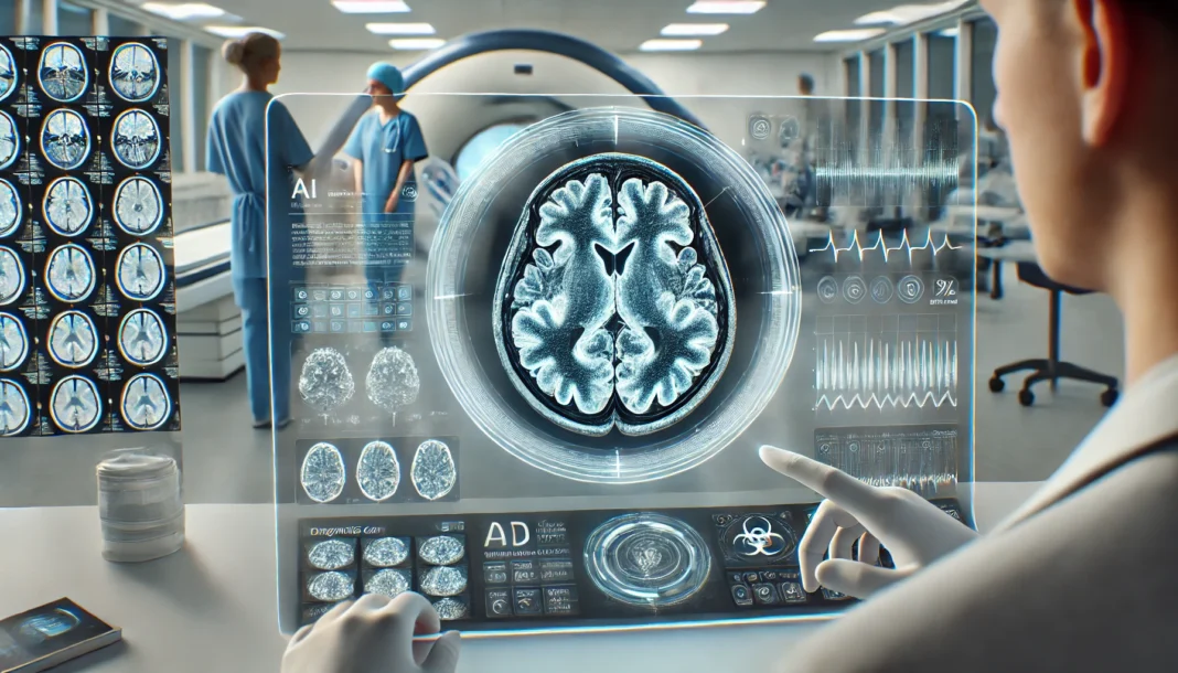 AI-powered diagnostic system analyzing a patient’s brain MRI on a transparent screen, with medical staff reviewing 3D visualizations in a high-tech clinical environment