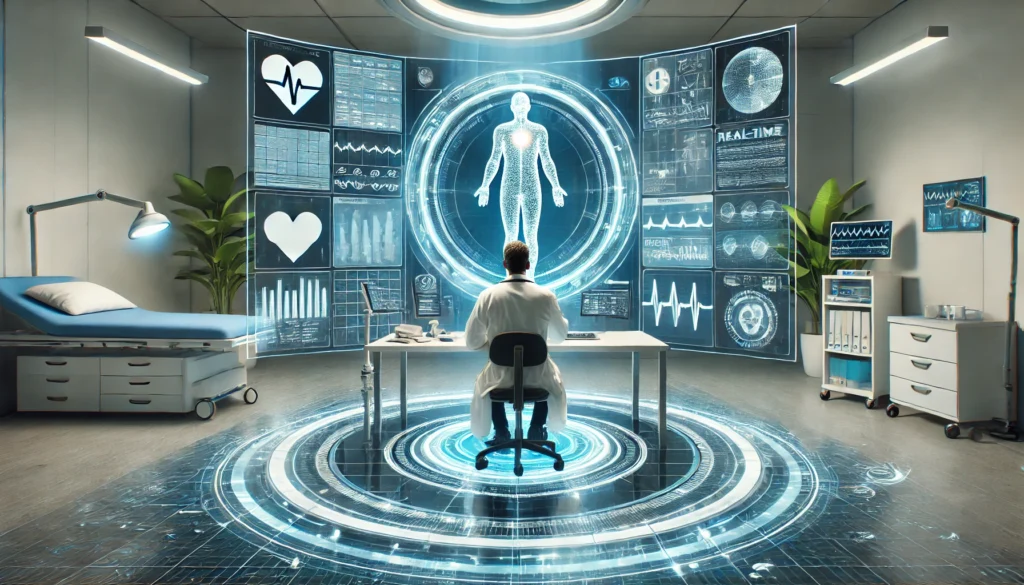 Doctor conducting a telemedicine consultation via a holographic interface, displaying patient vitals and medical records in a high-tech clinic setting