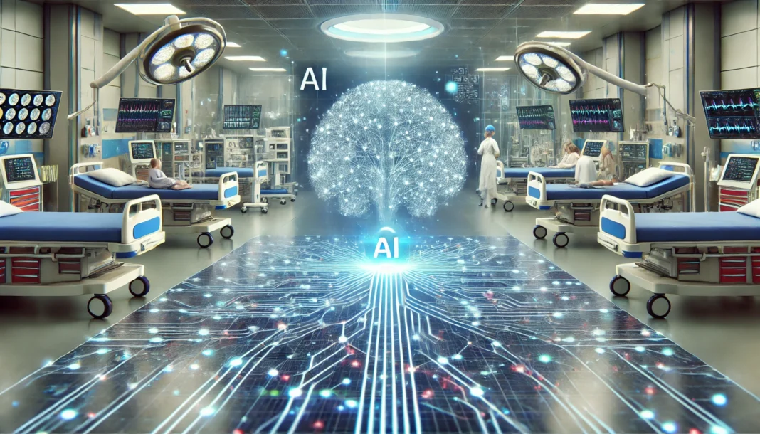 Advanced AI diagnostic neural network integrated within a hospital, processing patient data in real time with glowing digital pathways