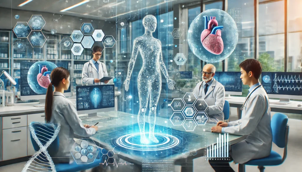 Medical researchers collaborating with a 3D holographic AI assistant projecting molecular structures and organ diagnostics in a high-tech lab.