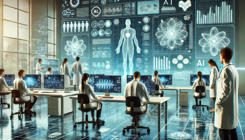 A high-tech medical research lab where doctors and scientists collaborate with AI-powered holographic diagnostic tools and neural network visualizations