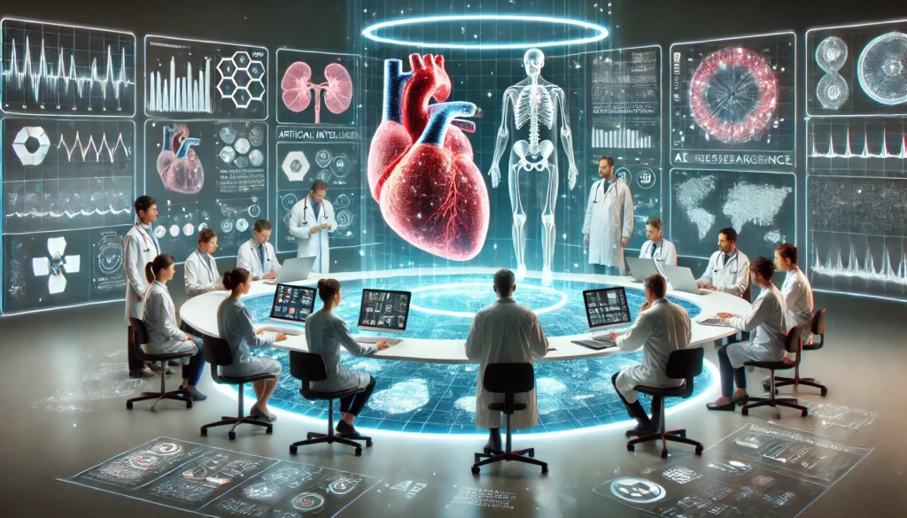 AI system generating diagnostic insights from patient data, with researchers observing 3D holographic projections of organs and medical analytics in a futuristic lab.