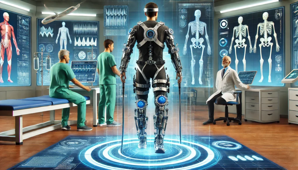 Patient walking with a 3D-printed exoskeleton suit in a futuristic rehabilitation center, guided by therapists while holographic biomechanical data displays in the air.