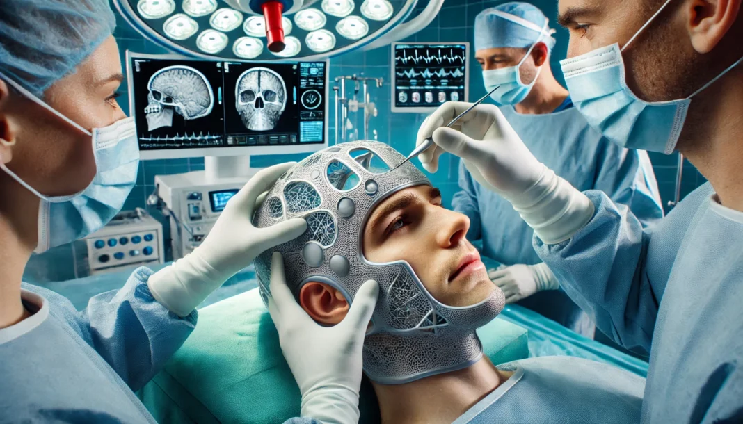 Surgeons placing a custom 3D-printed cranial implant on a patient in a high-tech operating room, with medical monitors and surgical tools in the background.