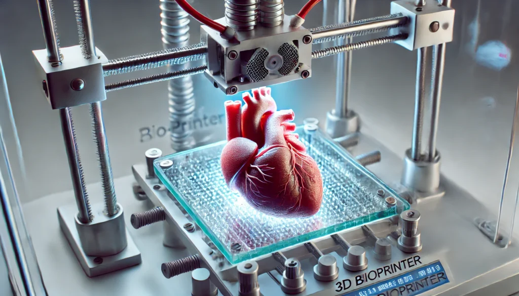 Close-up view of a state-of-the-art 3D bioprinter fabricating a realistic human organ inside a sterile medical facility, assisted by robotic arms under bright clinical lighting.