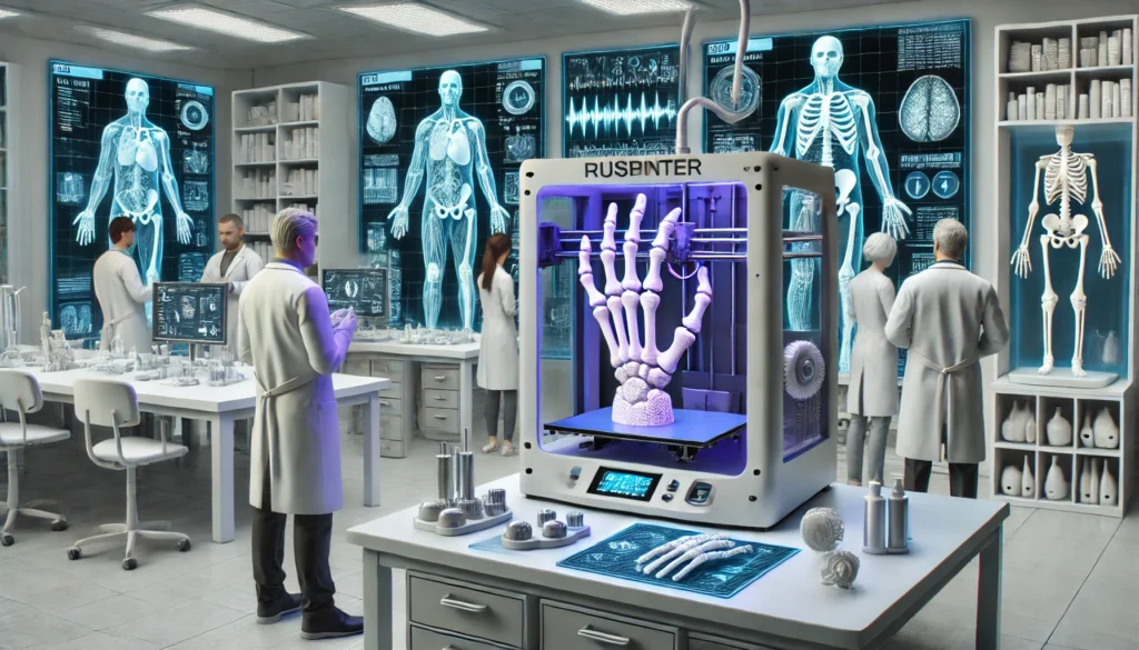 Advanced hospital laboratory with doctors using a 3D printer to create a customized prosthetic hand, surrounded by high-tech medical equipment and digital anatomical displays.