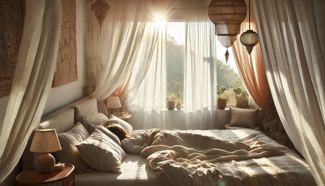 Peaceful bedroom with soft sunlight and a relaxed person sleeping, symbolizing the role of quality sleep in lowering blood pressure.