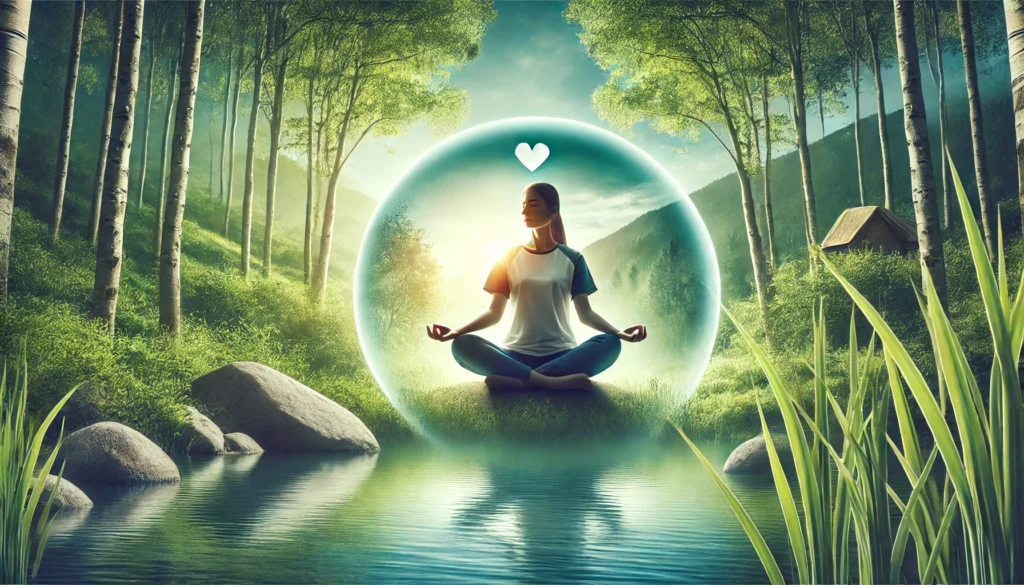 Person meditating in nature beside a tranquil lake, reflecting how mindfulness and meditation support cardiovascular health and lower hypertension.