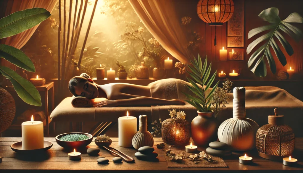 Calming spa environment with a person receiving a massage, highlighting the stress-reducing benefits of rest and recovery for blood pressure regulation.
