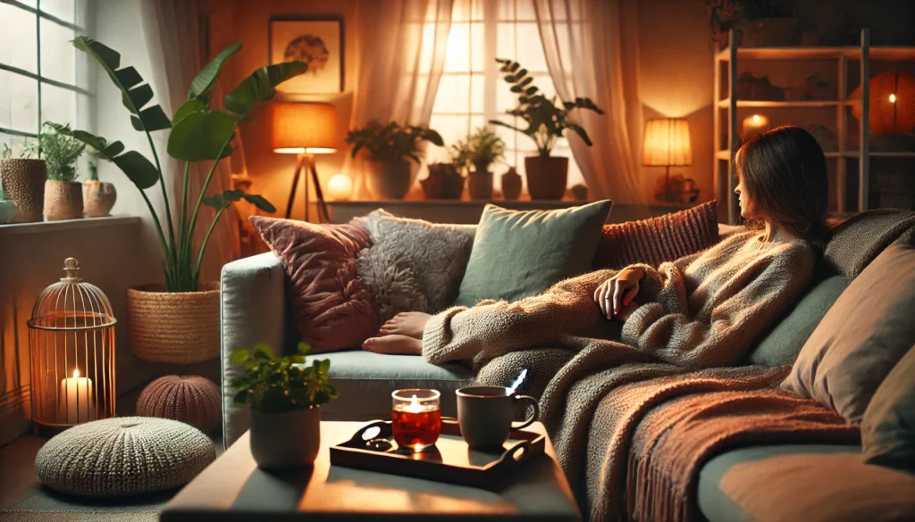 Cozy living room scene with a person relaxing under a blanket with herbal tea, representing everyday rest routines that help reduce high blood pressure.