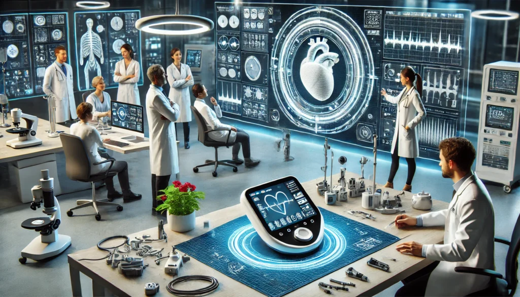 Engineers collaborating in a high-tech medical device design lab, surrounded by 3D prototypes, CAD screens, and futuristic healthcare equipment, representing innovation in patient care technology.