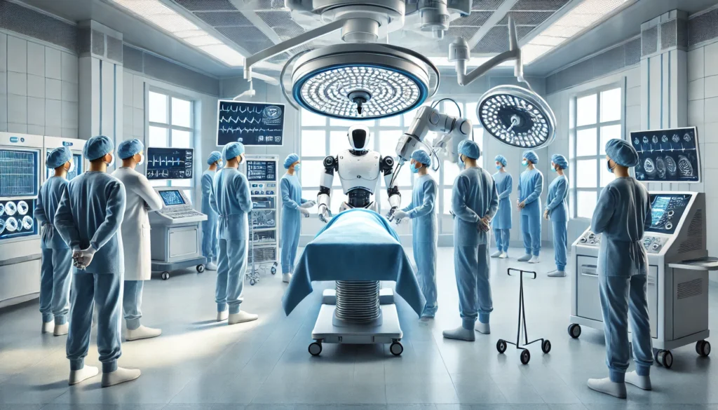 botic surgical system performing a minimally invasive procedure in a modern operating room, supervised by doctors, showcasing advanced medical devices revolutionizing surgery and patient outcomes.
