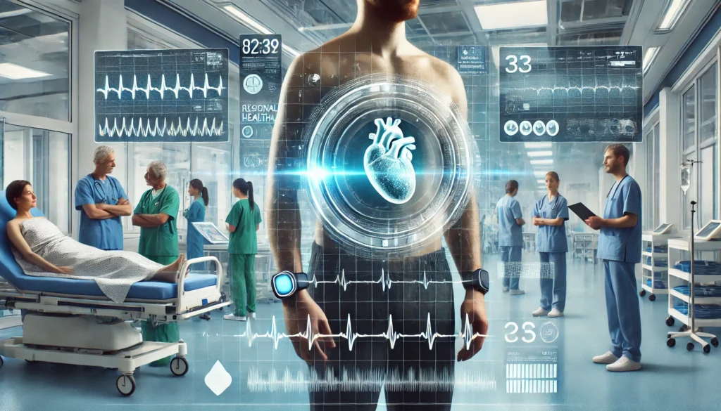 A patient wearing a sleek, futuristic medical wearable device for real-time health monitoring, with healthcare professionals analyzing digital data in a connected clinical environment