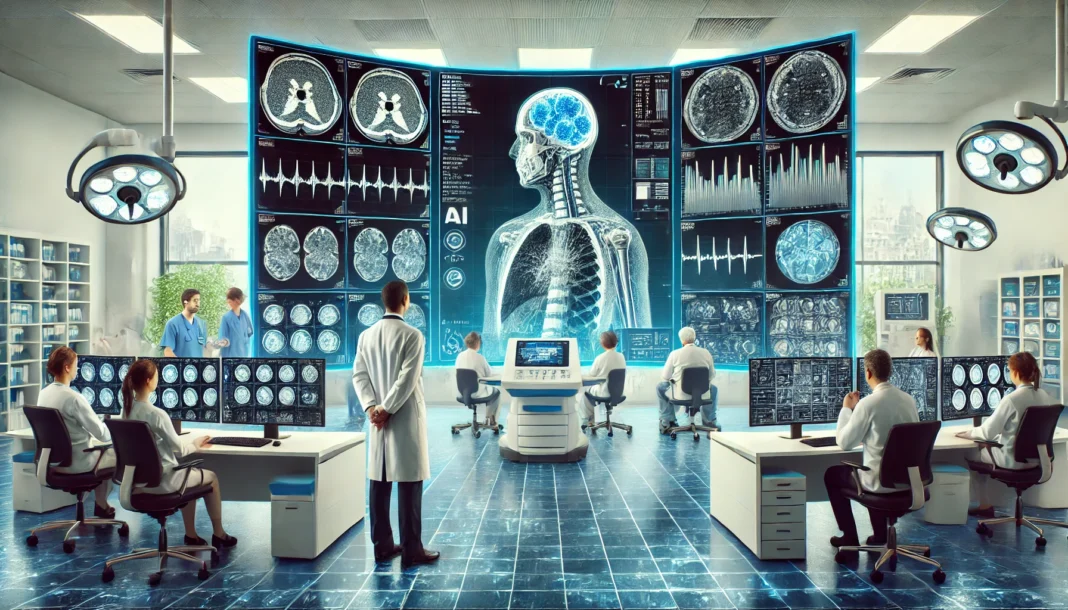 dical professionals examining ultra-high-resolution diagnostic images on large AI-powered screens in a state-of-the-art hospital radiology room, illustrating advancements in patient diagnosis through medical imaging innovation