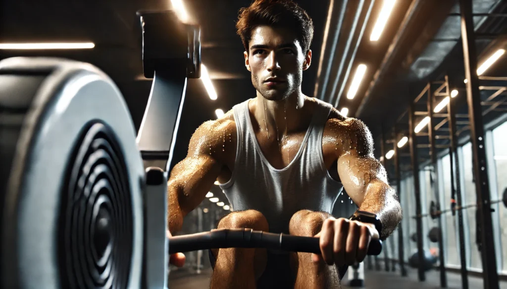 Fit young man intensely using a rowing machine in a modern gym, with sweat glistening on his arms, shoulders, and face, illustrating high-effort full-body cardio exercise and its role in promoting cardiovascular health through sweating.