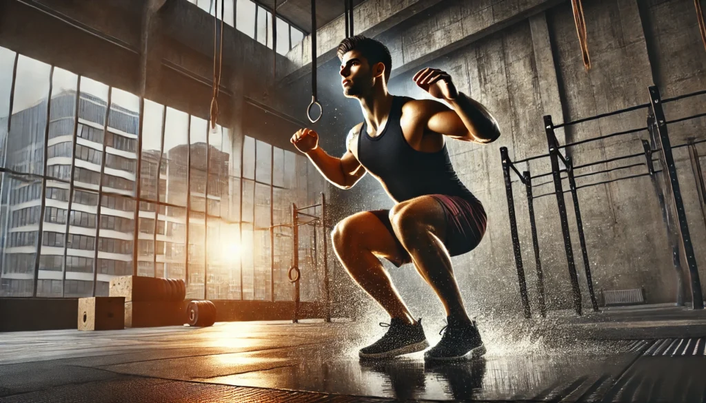 Young man performing an explosive squat jump in a gritty gym, with sweat flying off his body, showcasing intense physical effort linked to heart health.