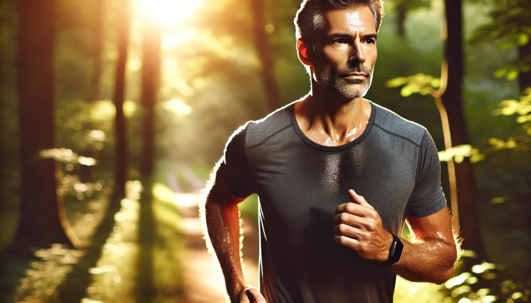 Middle-aged man jogging on a forest trail under warm sunlight, visibly sweating, reflecting the cardiovascular benefits of moderate natural exercise.