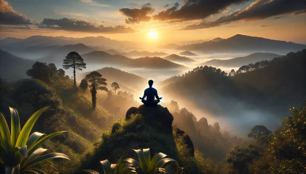 Person meditating at sunrise on a mountain peak surrounded by misty forests, symbolizing mindfulness and breathing techniques for lung cancer healing.
