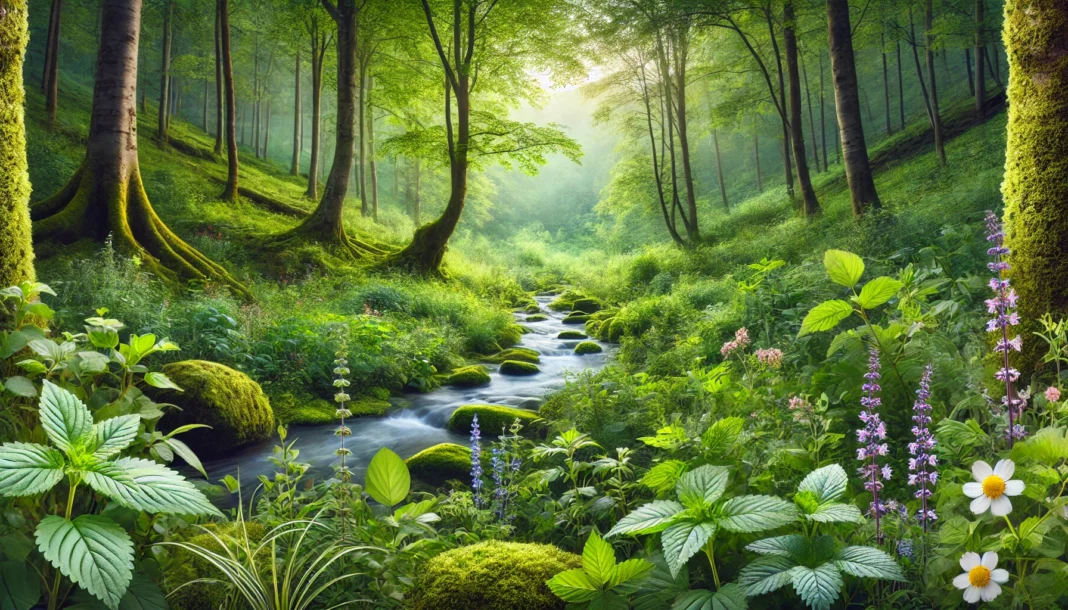 Lush forest landscape with flowing stream and herbal plants, illustrating the use of natural herbs in complementary lung cancer therapy.