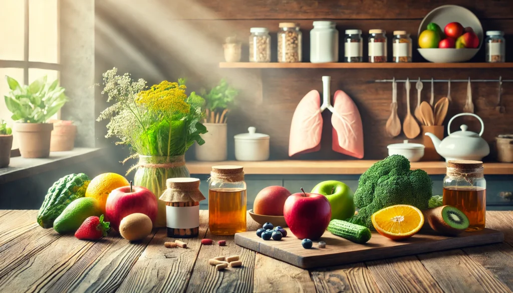 Wellness kitchen counter with fresh fruits, vegetables, teas, and supplements, highlighting nutritional approaches in natural lung cancer care.