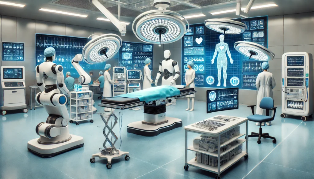 A futuristic hospital operating room with robotic surgical arms, AI diagnostic monitors, and wearable health sensors, showing a medical team using advanced technology for patient care