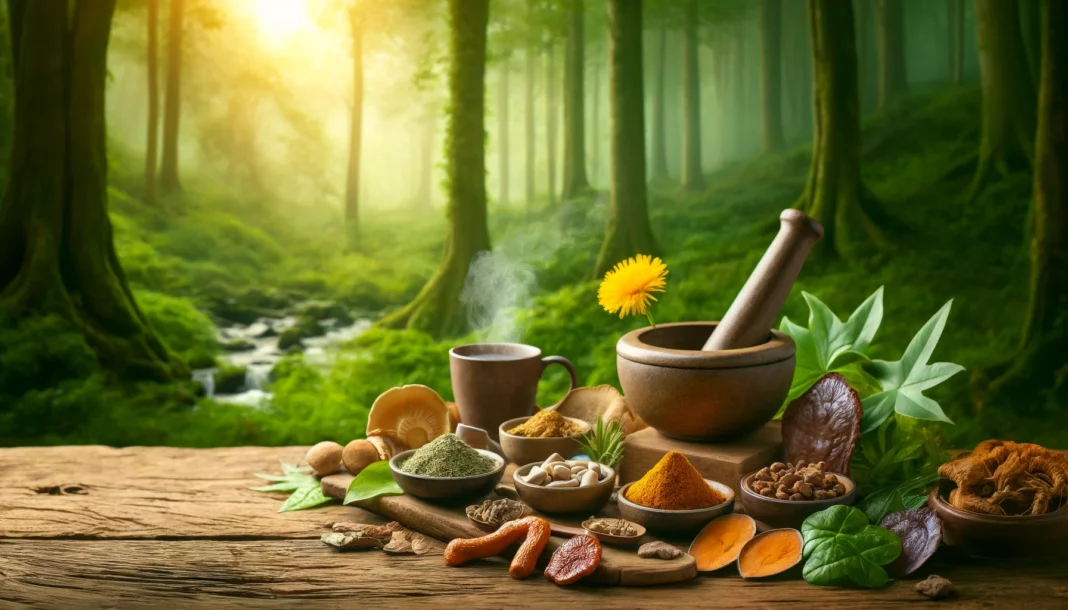 Traditional herbal medicine setup with natural ingredients like turmeric, ginseng, and reishi mushrooms on a rustic wooden table in a tranquil forest, symbolizing natural therapies for liver cancer.