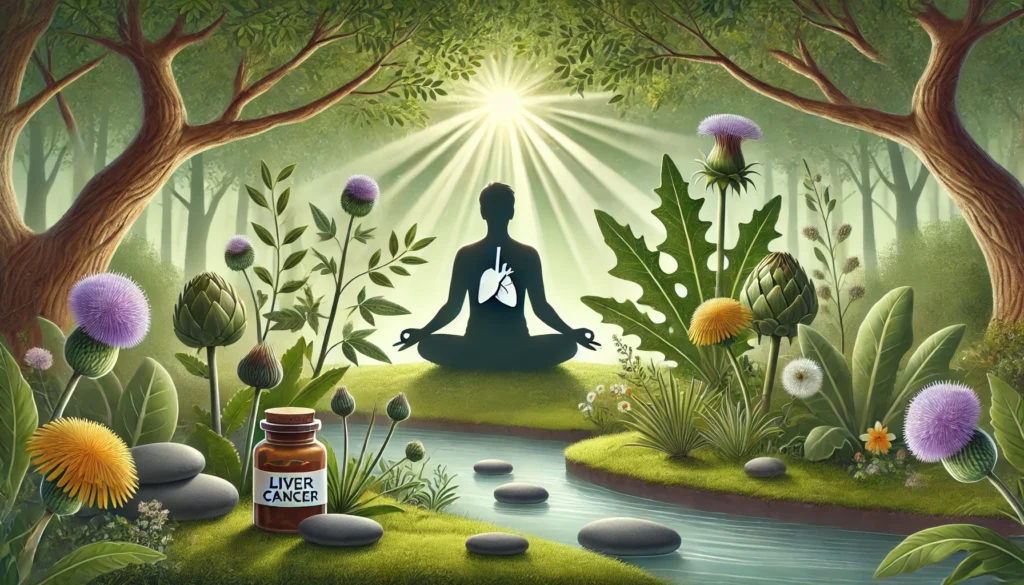 Person meditating in a serene garden surrounded by medicinal plants such as milk thistle and dandelion root, reflecting holistic support for liver cancer through mindfulness and herbal remedies.