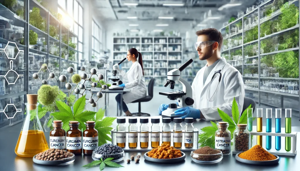 Scientists in a bright modern laboratory analyzing herbal extracts like curcumin and green tea, representing scientific research on natural medicine for liver cancer treatment.