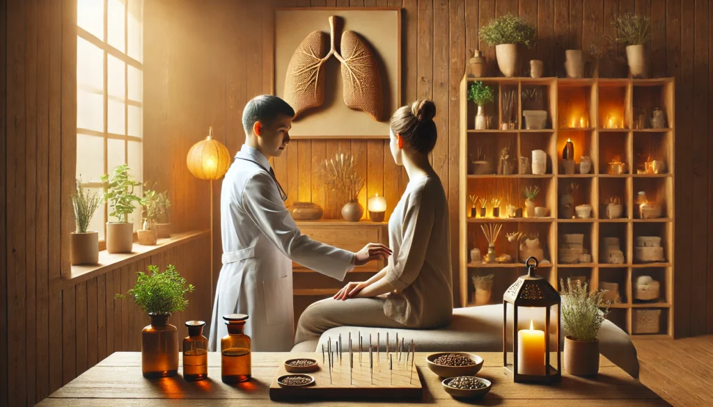 Peaceful acupuncture session in a warm-toned therapy room with candles, essential oils, and natural elements, illustrating integrative alternative care for liver cancer patients.