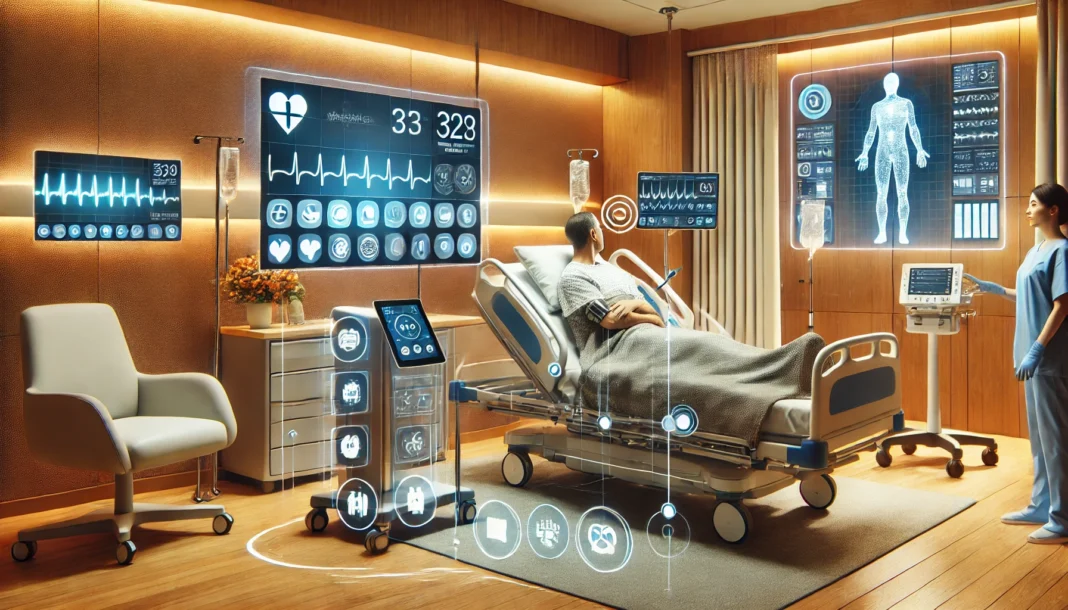 Modern patient recovery room with integrated wearable medical devices and AI-powered monitoring systems, reflecting advancements in personalized patient care