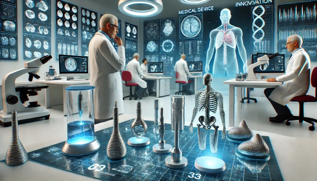 High-tech medical research laboratory with scientists developing advanced medical device prototypes and holographic anatomical displays, representing the future of healthcare R&D