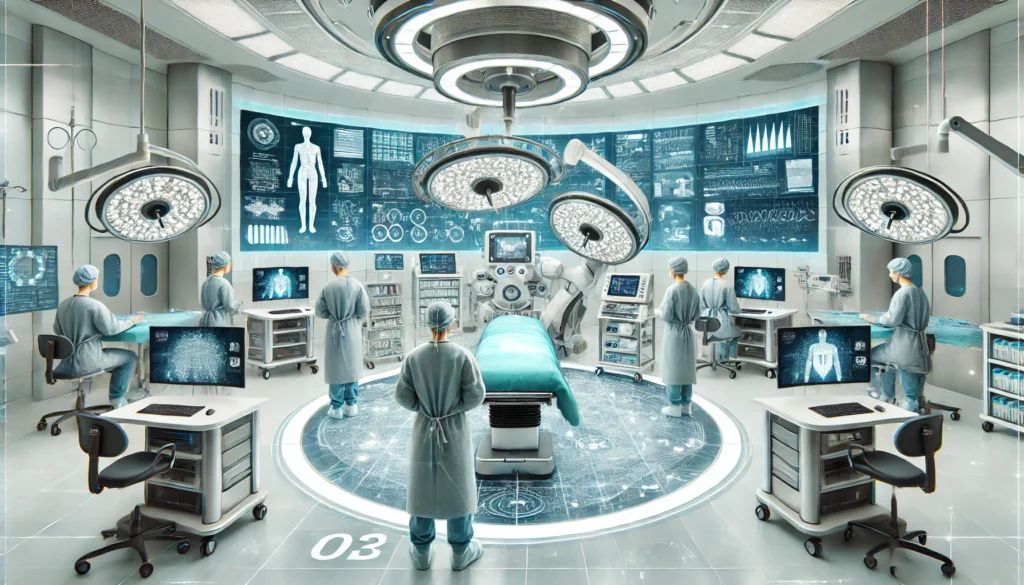 Futuristic hospital operating room with robotic surgical arms and advanced AI-driven medical devices, symbolizing cutting-edge innovations in patient care