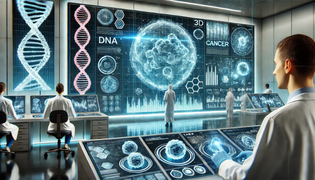 A futuristic medical laboratory where scientists analyze cancer cells using digital holograms and interactive screens, symbolizing high-tech precision in cancer research.