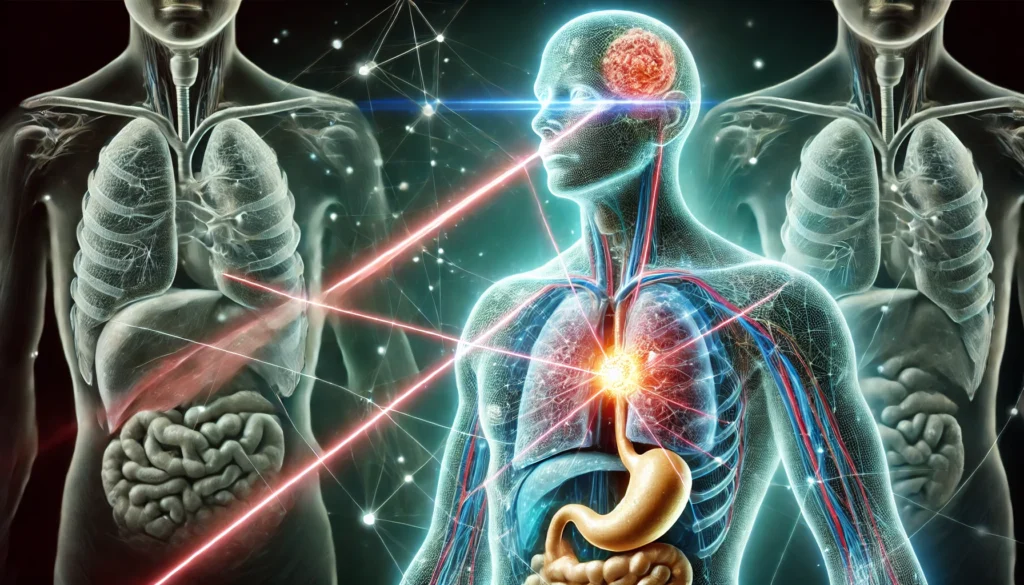 A semi-transparent human body targeted with laser-like beams precisely attacking tumors, illustrating the futuristic concept of selective cancer treatment without harming healthy tissue.