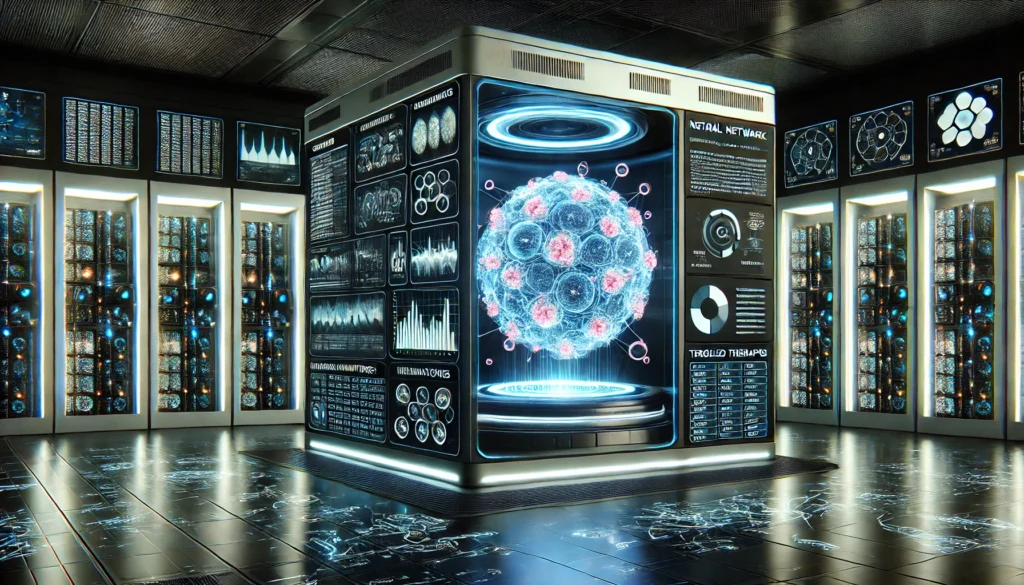 An AI-powered supercomputer in a futuristic data center analyzing cancer datasets with glowing digital panels and neural networks, symbolizing data-driven precision in personalized oncology treatment.