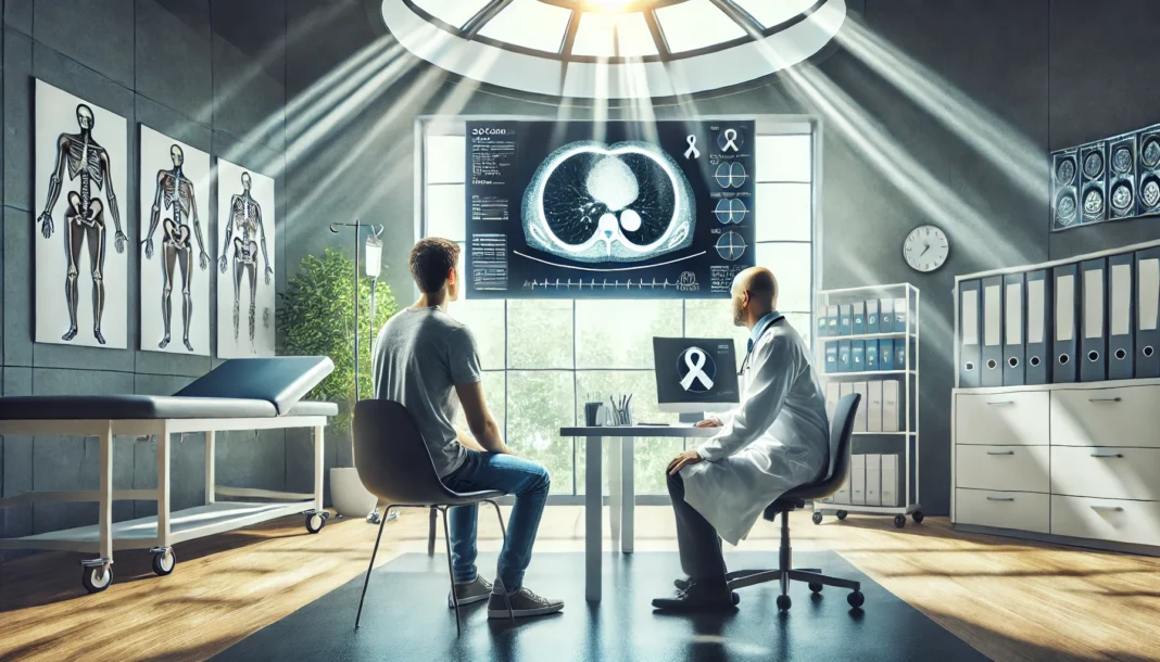 A cancer patient and oncologist in a bright medical office discussing treatment options, with medical scans and charts in the background, symbolizing the beginning of cancer care.
