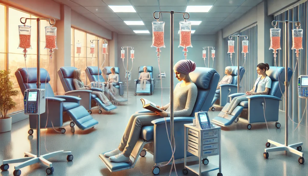 A cancer patient receiving chemotherapy in a serene infusion center, seated with an IV drip while a nurse observes, representing the middle phase of cancer treatment.