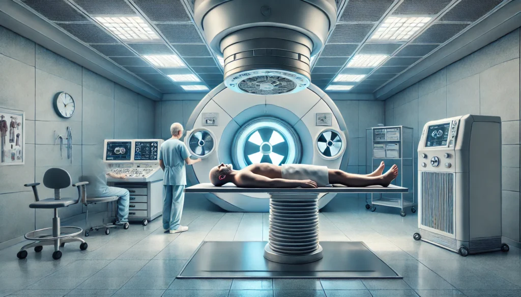 A patient undergoing radiation therapy in a high-tech medical facility, lying under a treatment machine with a technician operating controls, illustrating advanced-stage cancer care.