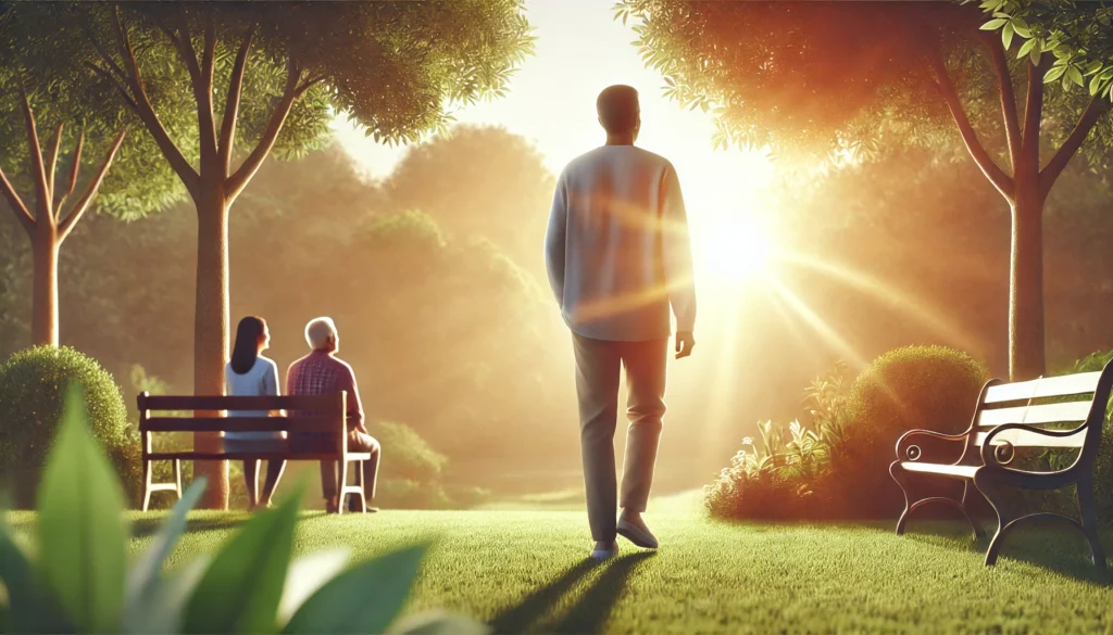 A cancer survivor walking in a peaceful park at sunrise, with loved ones nearby, reflecting hope, healing, and life after cancer treatment.