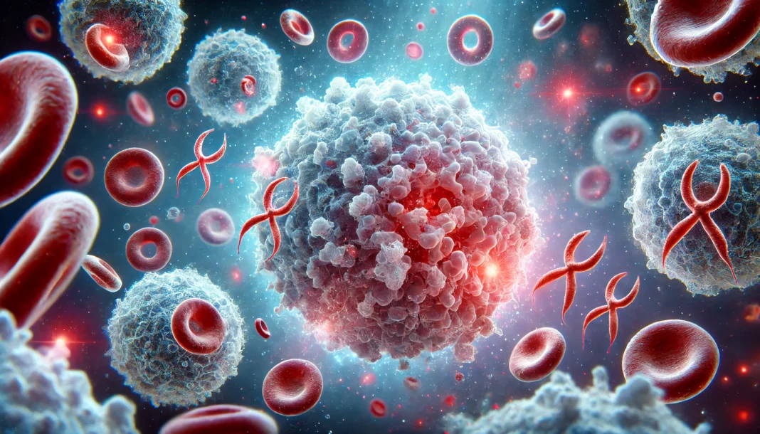 White blood cells attacking a cancer cell in a high-resolution medical illustration, showing T-cells surrounding and penetrating a tumor in the human body.