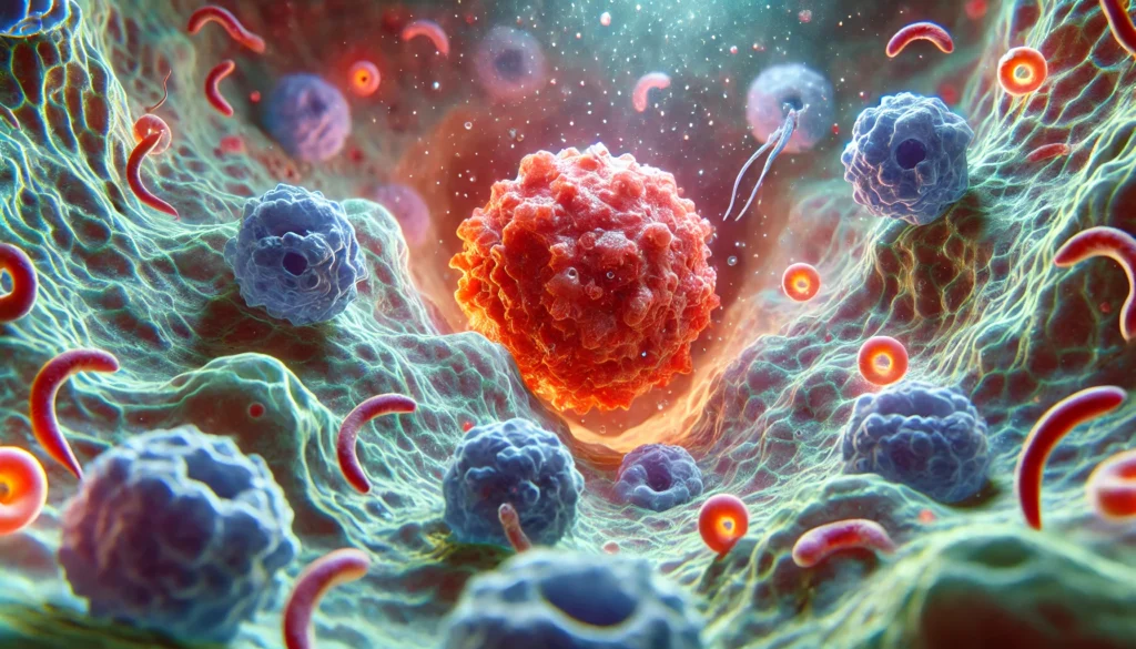 3D rendering of the human immune system with natural killer cells and macrophages targeting a tumor mass inside tissue, highlighting natural defenses.