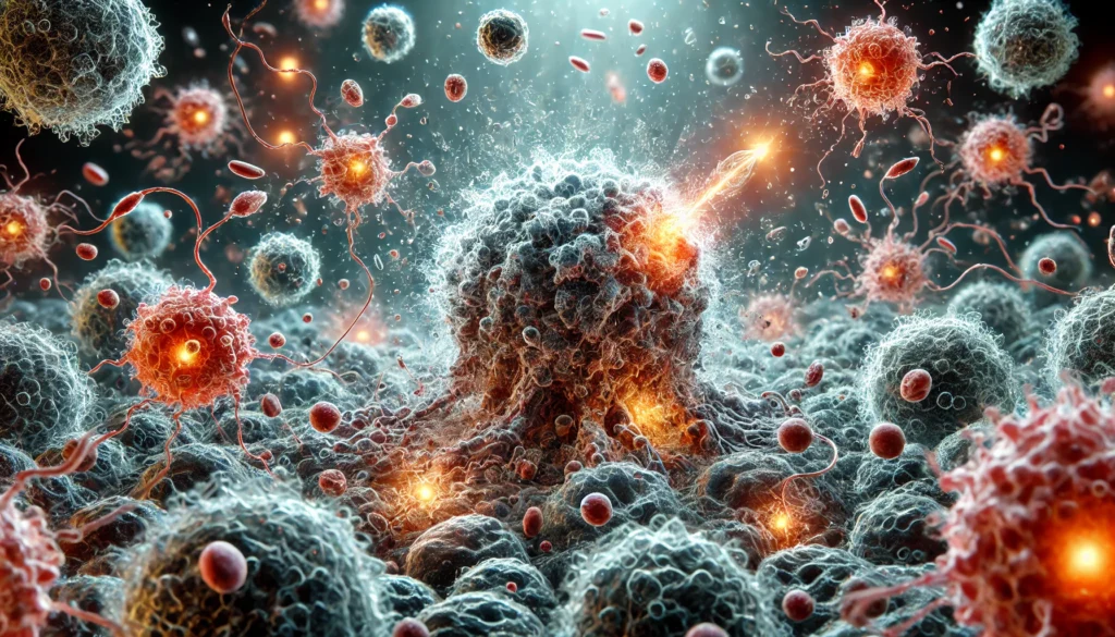 Microscopic view of cytotoxic T lymphocytes releasing enzymes to destroy a cancer cell, symbolizing immune response against tumor growth.