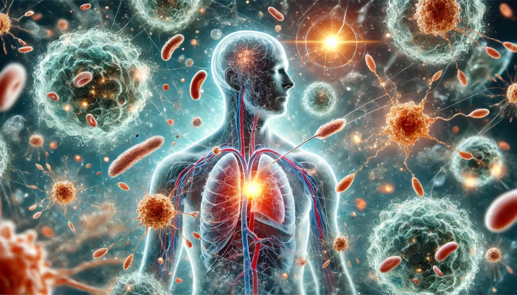 Conceptual visualization of the immune system detecting early cancer cells, with T-cells, lymph nodes, and antibody-tagged tumor cells in action.